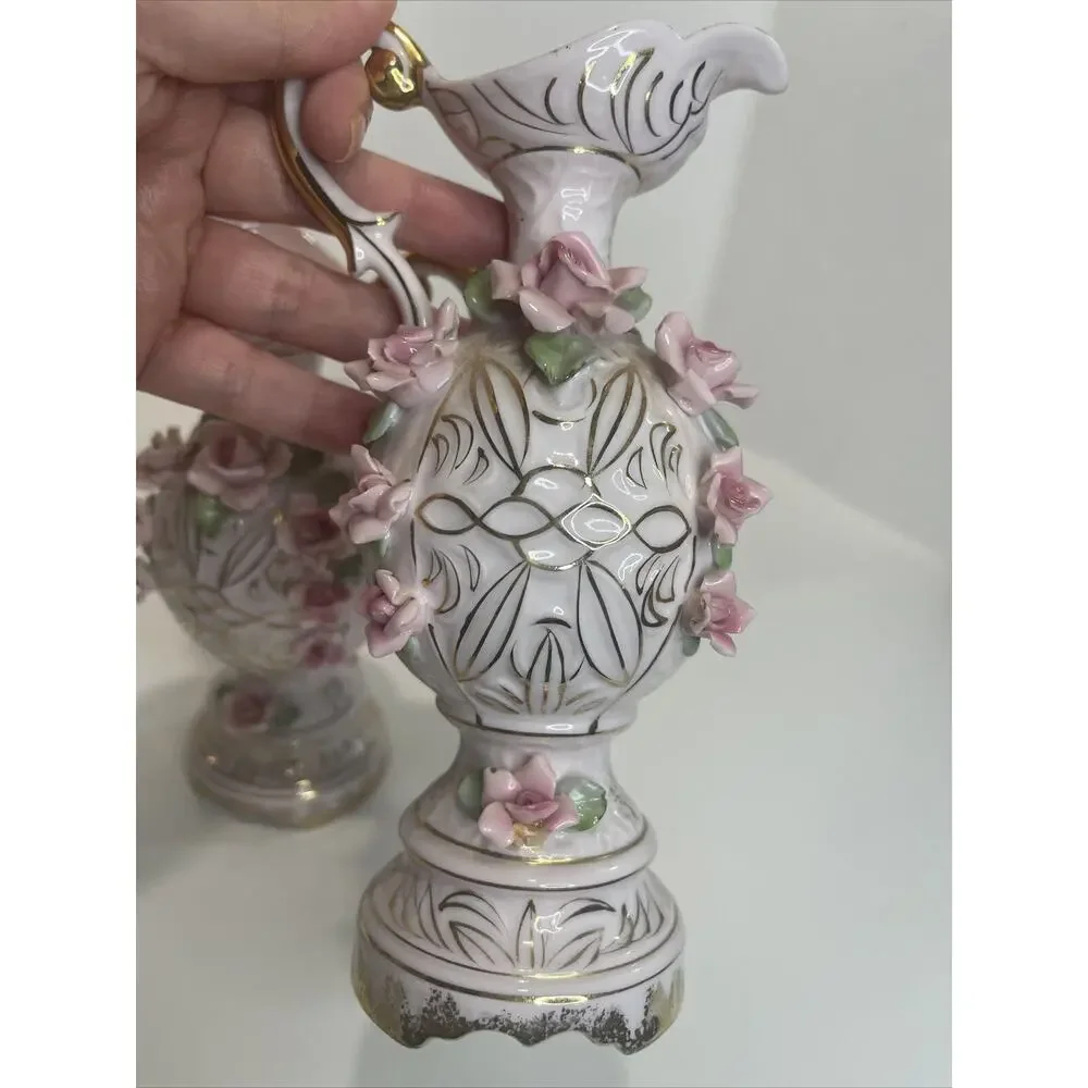 Vintage Lefton China Pink Roses Pitcher Vase Pair See Description